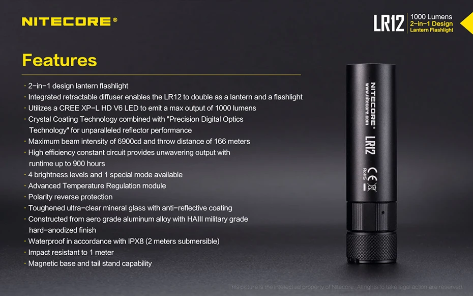 NITECORE LR12 ультра яркий мини-фонарик два в одном кемпинг прожектор многоцелевой фонарик