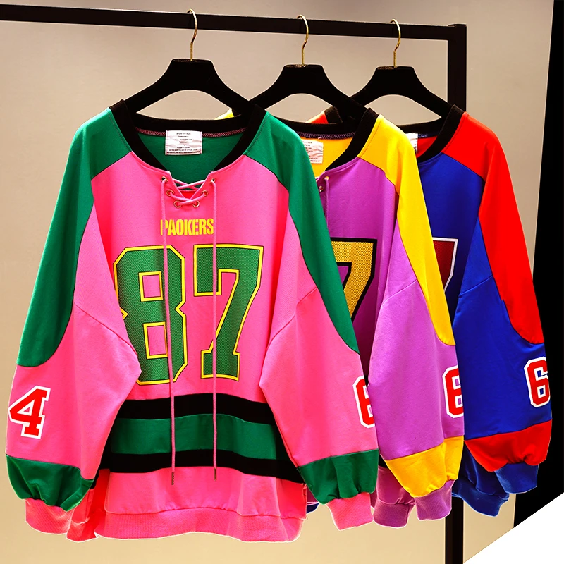 

Korean Fashion Girl Student Number Print Hoodies BF Design Color Block Spliced Sweatshirts V Neck Plus Size Loose Pullovers Coat