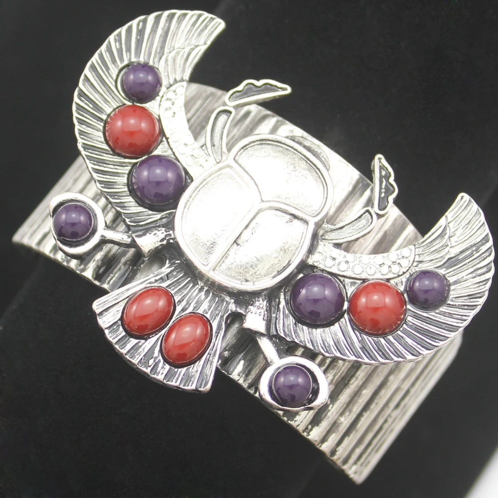 

Big Wide Bangles Cuff Wing Bracelets For Women khepri Scarab Beetle Beads Pulseiras Masculina Indian Men Jewelry Bijoux Viking