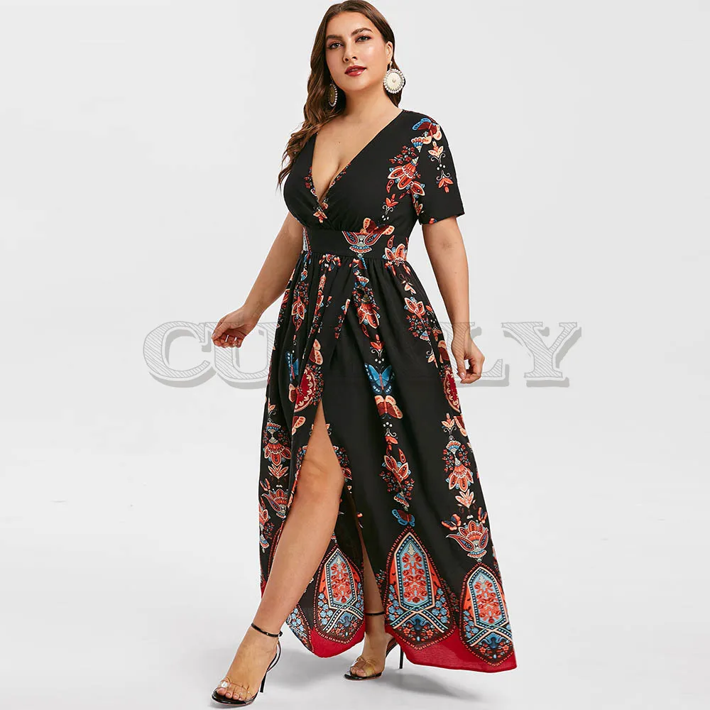 Image CUERLY Plus Size Printed Maxi Split Dress Bohemian Beach Party Maxi Dress Vintage Elegant High Wasit V Neck Summer Bodycon Robe