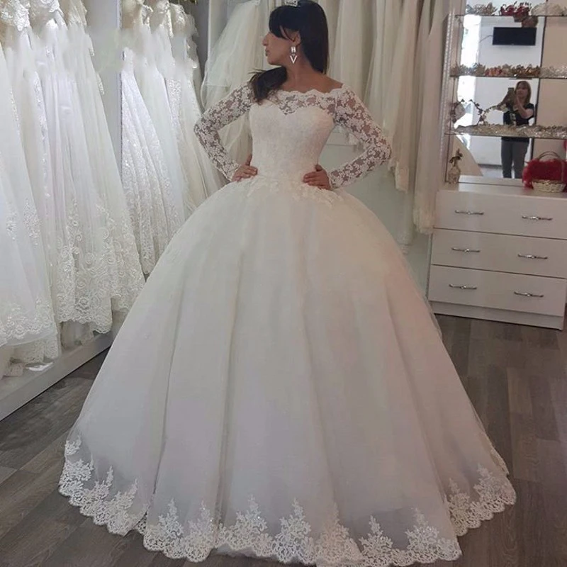 Белый 2019 принцесса свадебные платья одежда с длинным рукавом кружево Аппликация развертки Шлейфы для свадебных платьев индивидуальный