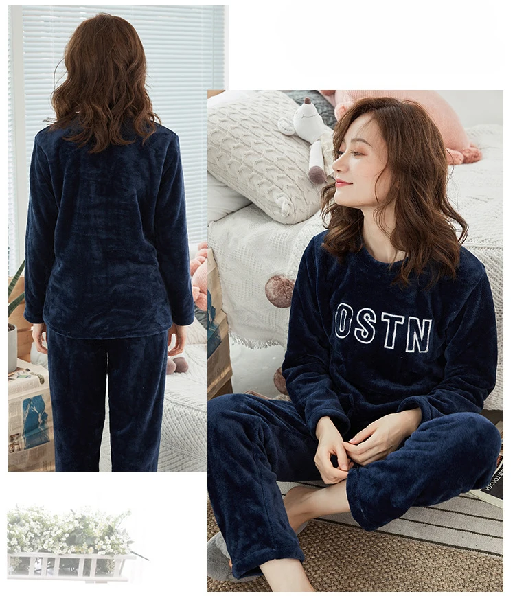 Women Sleepwear Pyjama Suit Embroidery Thick Warm Cute Sleep Pajamas Set Girls Coral Fleece Pajamas for Women Flannel Homewear