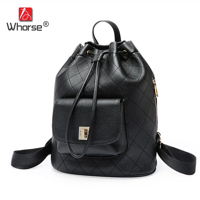 

Fashion Casual Plaid String Style Bucket Bag Cowhide Womens Backpack Genuine Leather Daypack Backpacks Back Pack For Women W0992