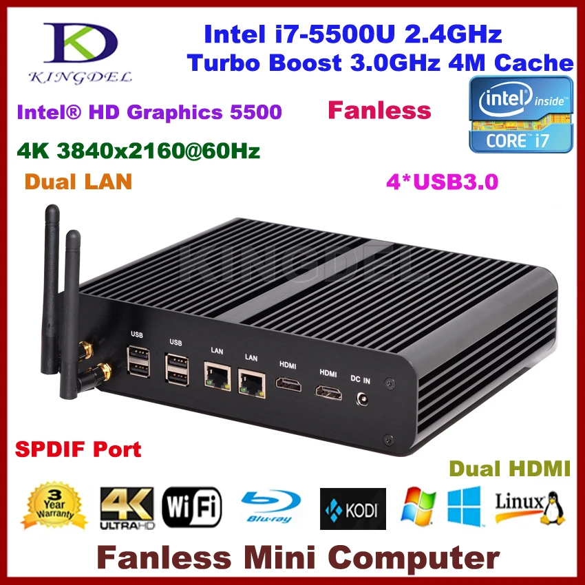 Fanless pc desktop,HTPC,Core i7 5500U Dual core,Intel HD Graphics 5500,HDMI,300M WIFI,dual lan mini pc Windows 10