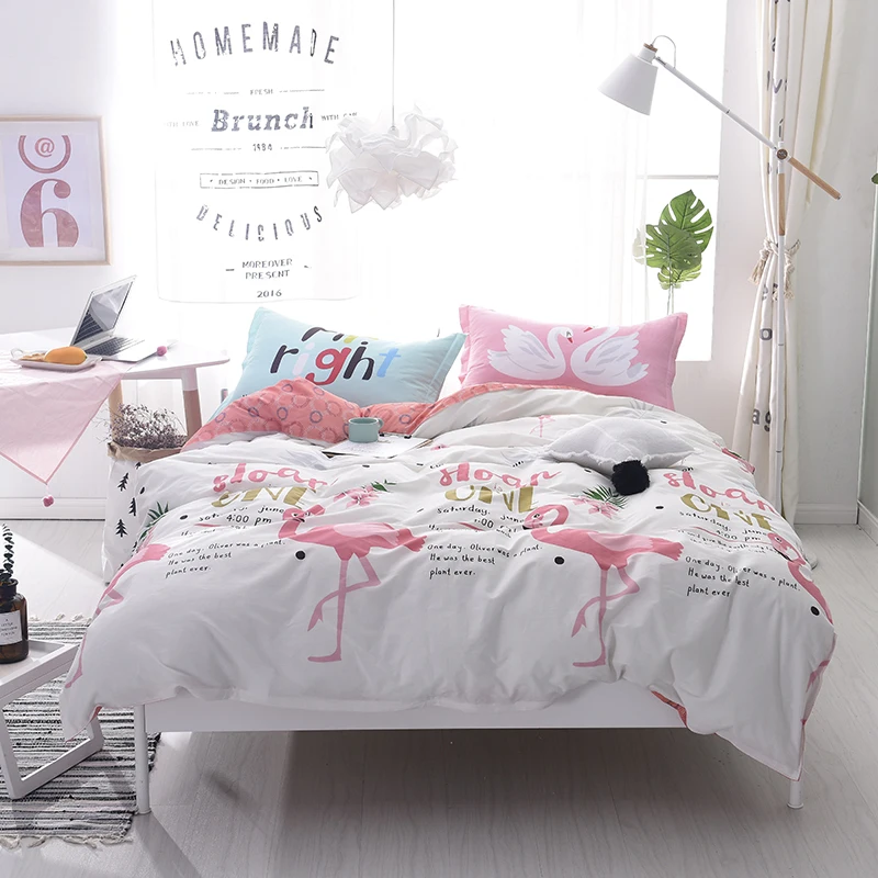 Мода мультфильм покрывало Фламинго комплекты пастельных цветов и птиц Набор для двуспальной кровати пододеяльник взрослый близнец полный queen двуспальные коплекты постельного белья