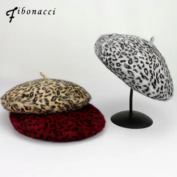 

Fibonacci Autumn Winter High Quality Vintage Leopard Print Beret Women Artist Cap Ladies Rabbit hair Berets Hat