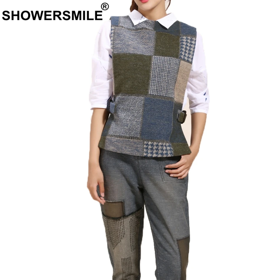 SHOWERSMILE Plus Size Women Vest Army Green Herringbone Waistcoat With Belt Female Double Sided Tweed Spring Ladies Gilet 5xl