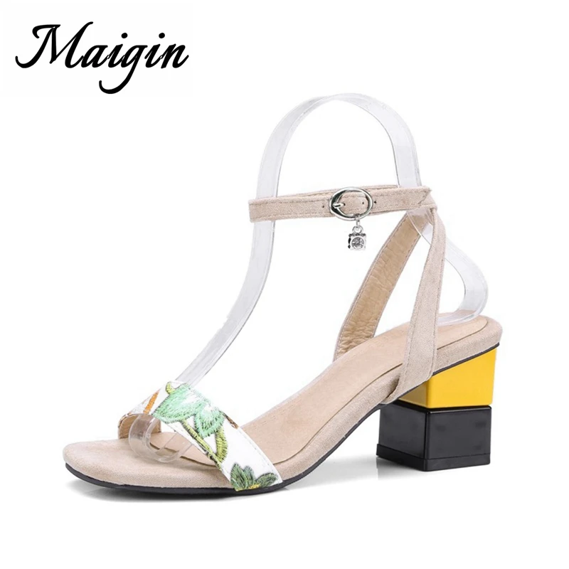 Maigin Summer High Heels Sandals Women 2018 Open Toe Footwear Woman Buckle Strap Ladies Sandals Female Casual Print Shoes