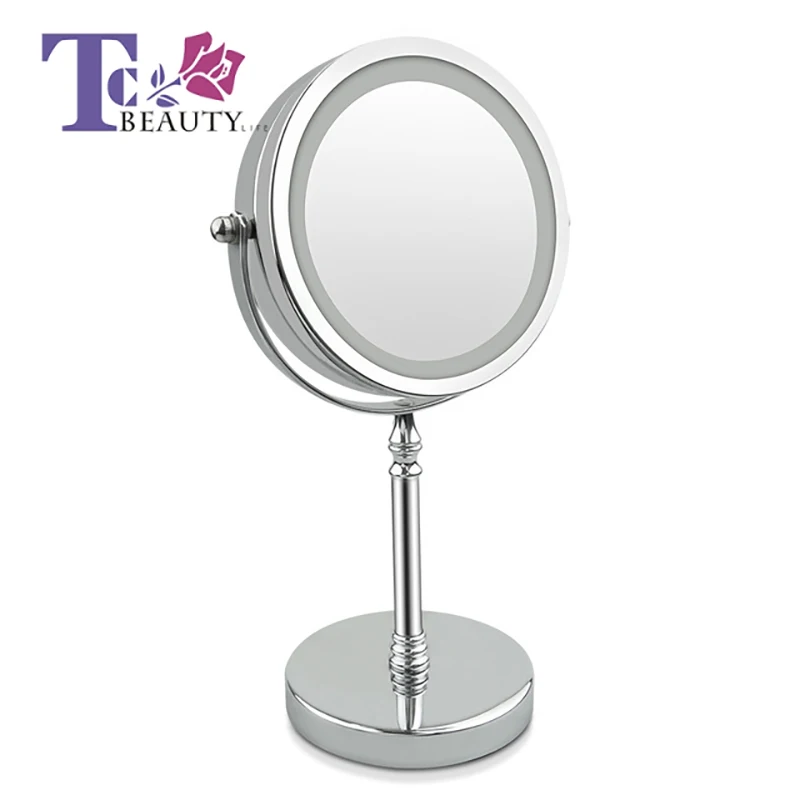 

8 Inch Desktop Makeup Mirror 10X Magnifying With LED Light Circular Double Sided Metal Compact 360 Degree Rotating Round Shape