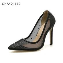 дешево! CHUQING 2019 Осень Новый Горный Хрусталь Sexy Mesh Stiletto Женская обувь Острым Носом Высокий Каблу