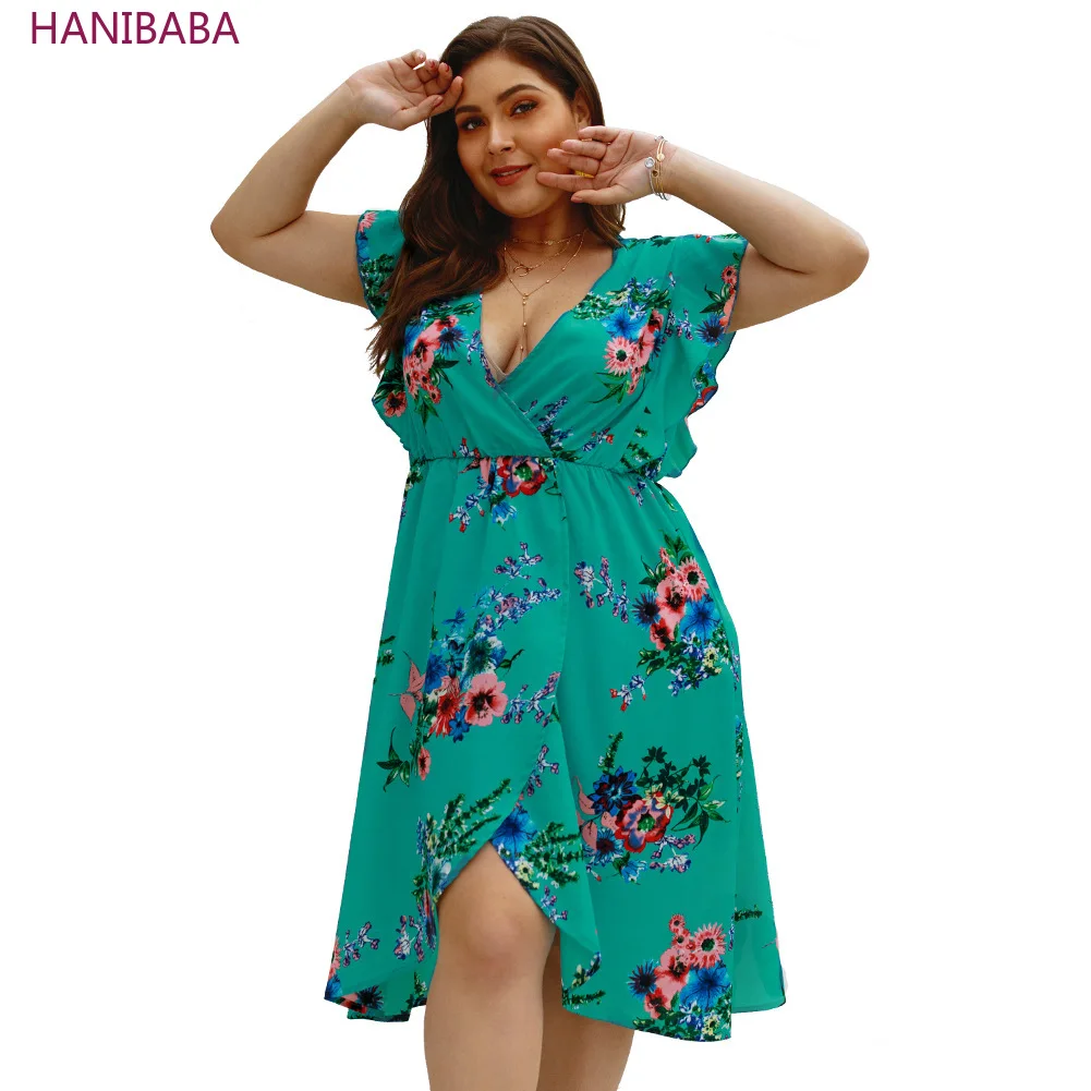 

HANIBABA New Chiffon Dress Soft Sleeveless Ruffled V-neck Print Slit Elegant Dress Casual Wear Plus Size Beach Female Summer