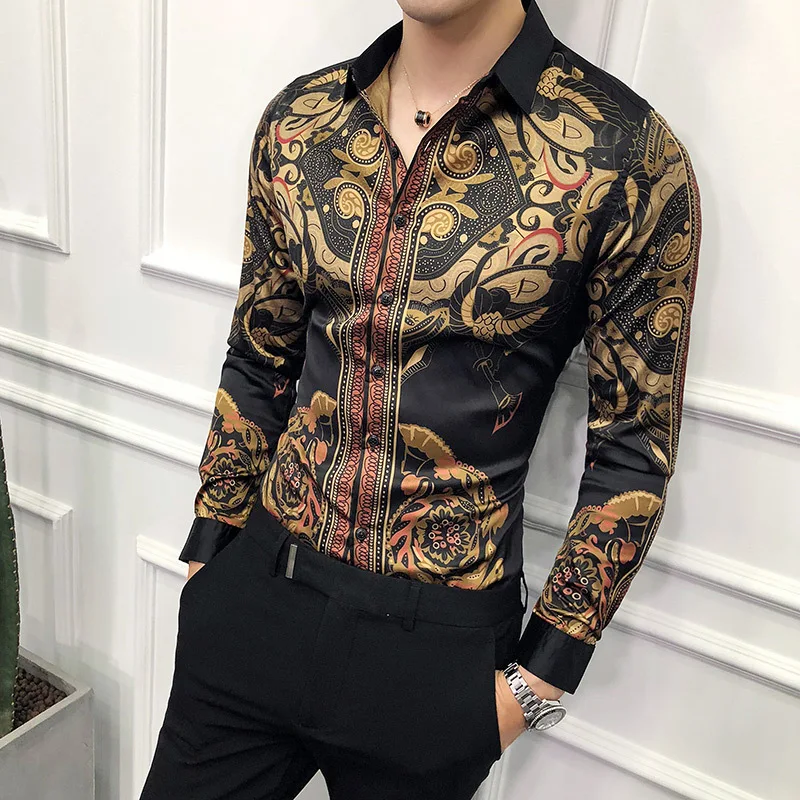 

Luxury Gold Black Shirt Men 2019 New Slim Fit Long Sleeve Gold Black Chemise Homme Social Men Club Prom Shirt
