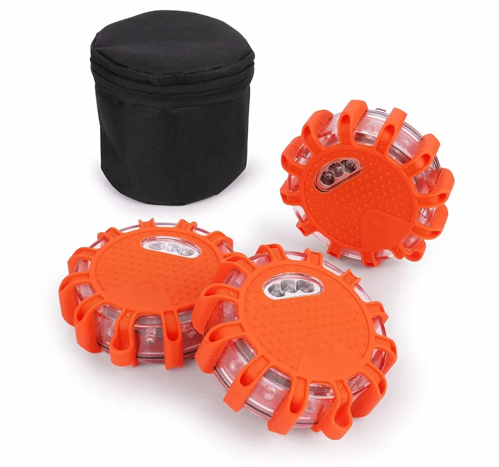 

LED Road Flares Emergency Disc Roadside Safety Light Flashing Road Beacon for Car Truck Boat with Storage Bag ( Pack of 3 )