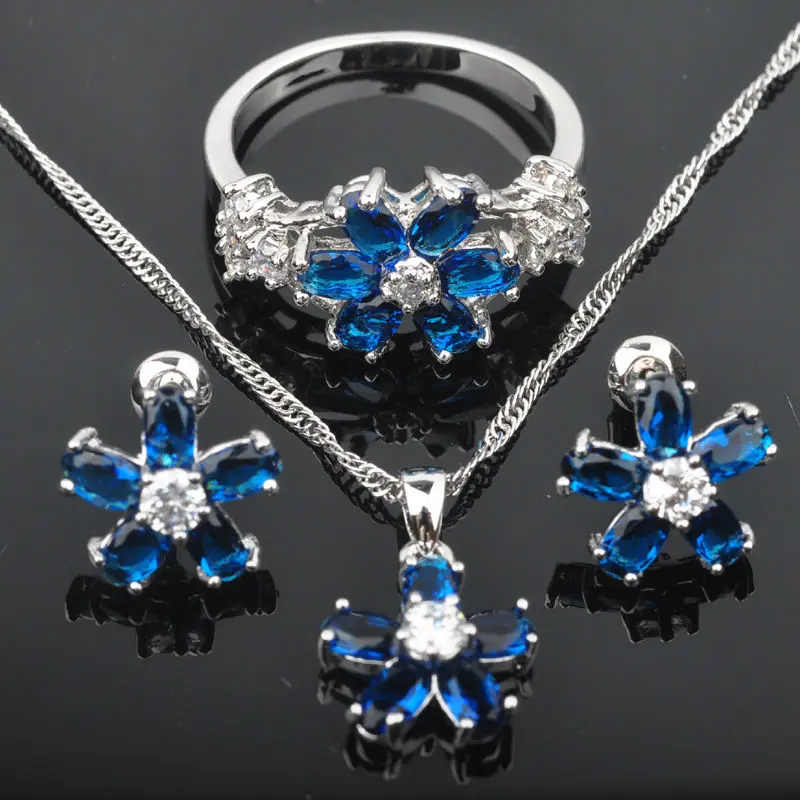 

Perfect Blue Cubic Zirconia Women Silver Jewelry Sets Pendant Necklace Earrings Rings Free Shipping JS0147