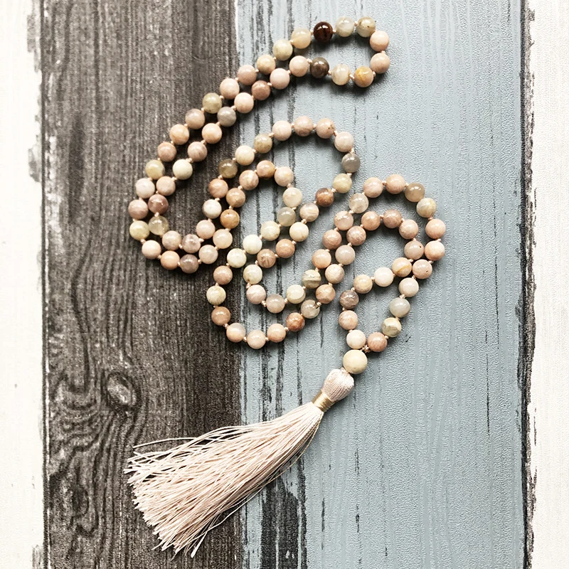 

Romantic Pink Tassel Necklace Gift For Her 108 Beads Energy Sunstone Mala Necklace Boho Knotted Necklace Yoga Jewelry Women