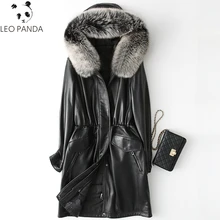 Натуральная кожа, овчина, куртка, Лисий мех, воротник, белый утиный пух, зимнее пальто для женщин, корейский стиль, тонкое длинное пальто размера плюс M-4XL, WHF 44