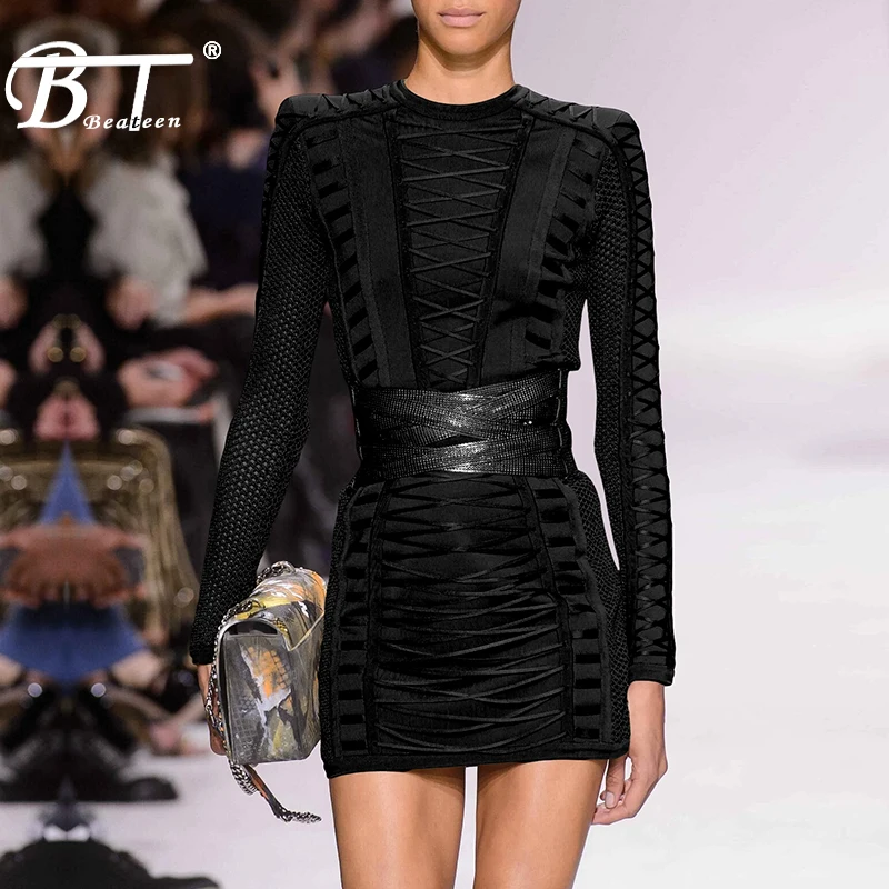 

Beateen 2018 Autumn Winter Style New Arrival Black Lace Up Sexy Club Night Out Bandage Dress Full Length Sleeve Bodycon Mini