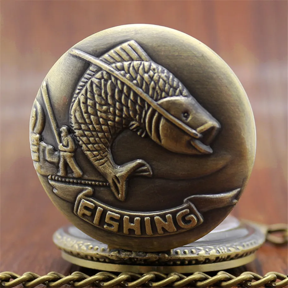 Мода кварцевые карманные часы для женщин Человек с Перейти рыбы схеме бронзовая подвеска толстые цепи для винтажные подарки