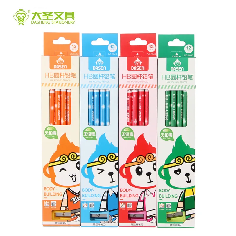 

12pcs pencils with eraser and pencil sharpener cute cartoon round rods HB wooden pencil student writing stationery Wholesale