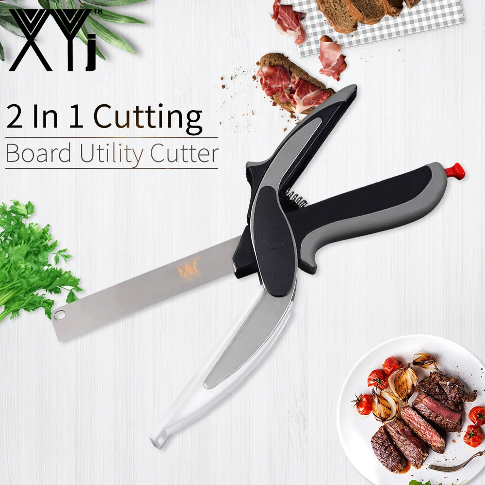 

XYj Stainless Steel Kitchen Scissors Multifunctional Cutter 2 in 1 Cutting Board Kitchen Chopper Clever Fruit Vegetable Scissor