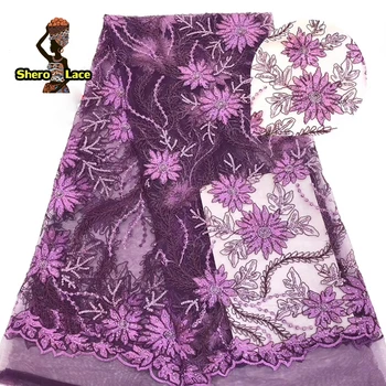 

Purple color nigerian lace fabric 2019 embroidery 3d french lace with sequins for party dress