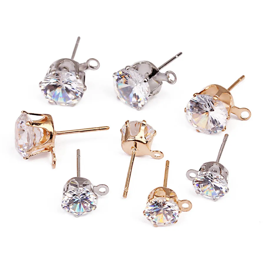 SAUVOO 50pcs Copper Stud Earrings with Hole Gold Rhodium Color Zircon Earring Post for Women DIY Ear Jewelry Making Findings Jewelry Findings