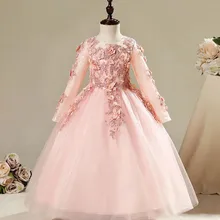 Высококачественное розовое фатиновое платье с цветочным узором для девочек вечерние Детские пышные платья принцессы, накладное украшение для свадебного платья для первого причастия для девочек