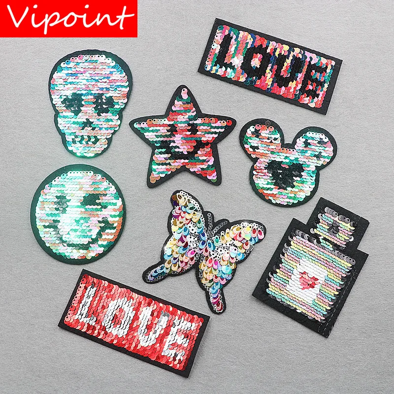 

VIPOINT embroidery Sequins love skull patches star buttlefly patches badges applique patches for clothing XW-25