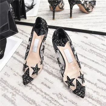

Transparent High Heel Chaussures Femme Rhinestone Star Single Shoes Woman Shallow Mouth Zapatos De Mujer Pointed Ladies Shoes