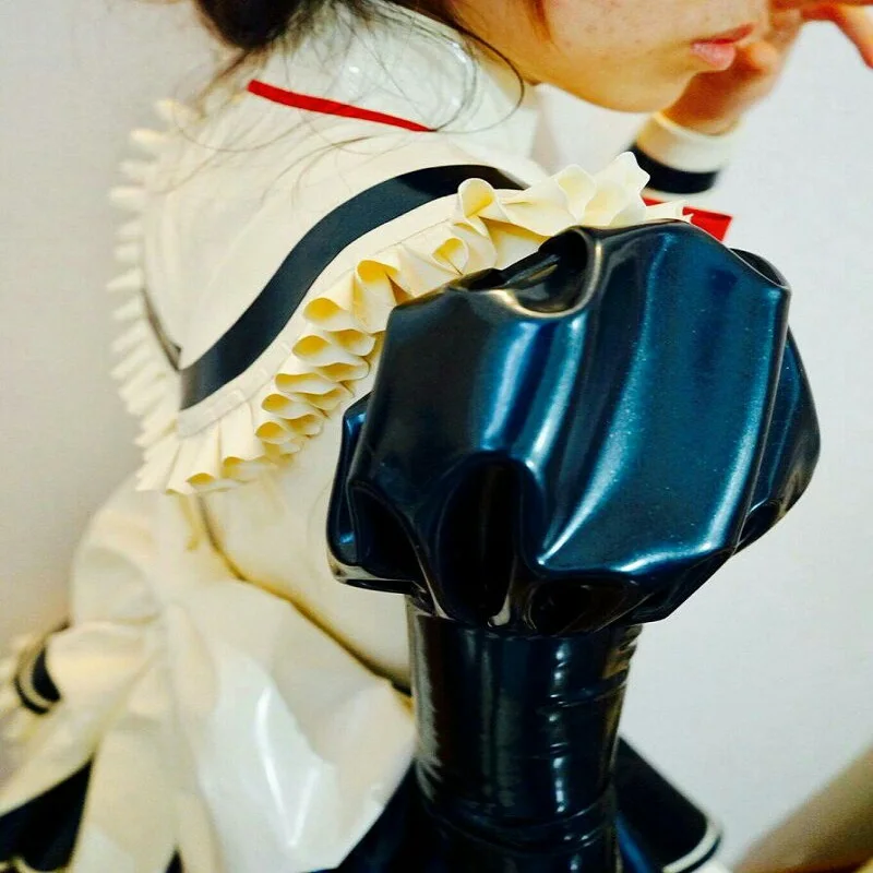 

Latex fetish Zentai catsuits with ruffle Pleats shoulder bowknots whole set dress thigh stockings cosplay Maid Uniform