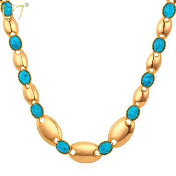 

U7 Blue Stone Necklace Trendy Gold Color Semi-precious Stone Fashion Jewelry Link Chain Necklaces For Women N365