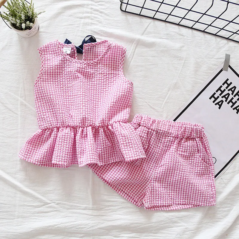 Girls Clothing Sets 2019 New Style Summer Children Clothes Cute Plaid Lace + White Bow Short Pants 2pc Kids Clothes Sets