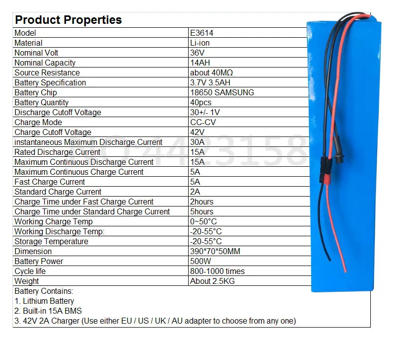 Excellent EU US No Tax 36V 14AH Lithium Battery 500W 36V 14AH Ebike Battery with PVC Case use Samsung 3500Mah cell 15A BMS with 2A Charger 2