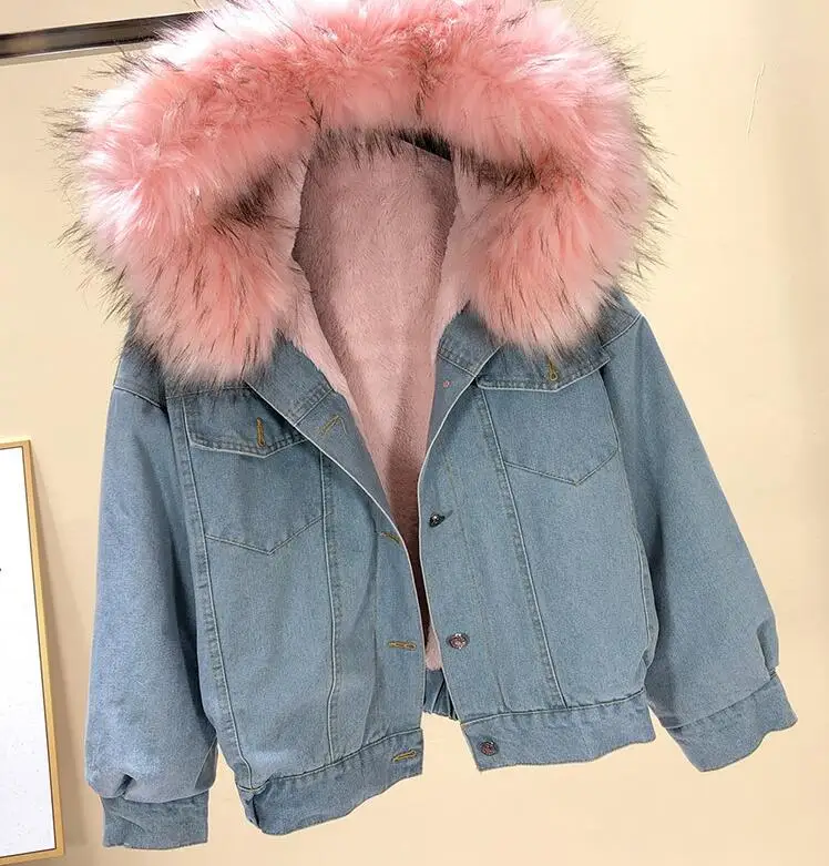 

Big Faux Fur Collar Winter Jacket Women Oversized Batwing Sleeve Denim Jackets Wool Liner Jeans Coat Velvet Warm Jaqueta Hoodies