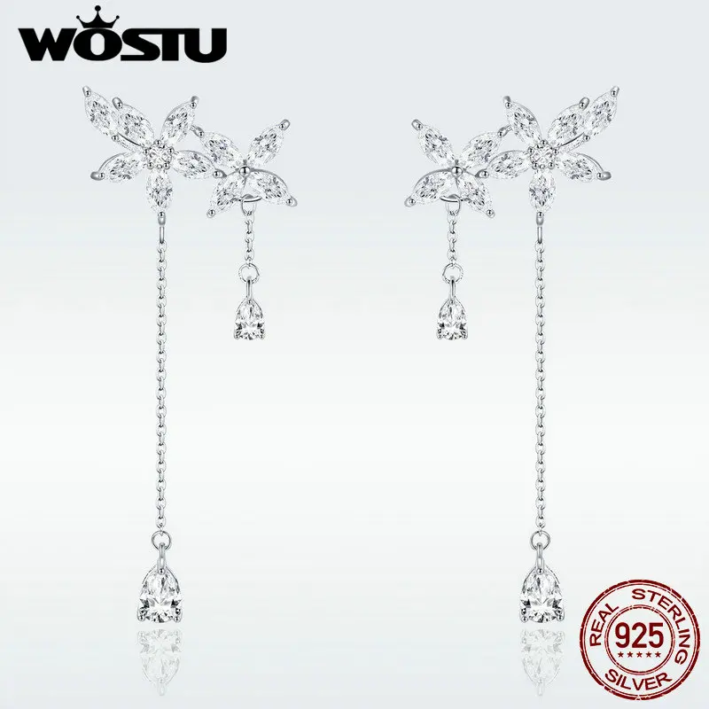

WOSTU Authentic 925 Sterling Silver Elegant Flower CZ Drop Earrings For Women Engagement Wedding Fashion Jewelry Gift DXE469