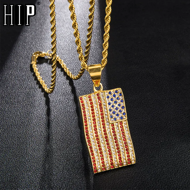 

HIP Hop Iced out Bling Gold Color American Flag Stainless Steel Rhinestone Bright Necklaces & Pendants For Men Jewelry