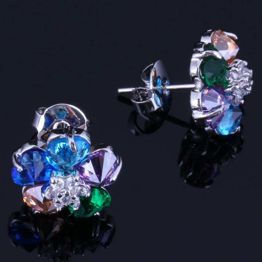 

Shiny Flower Multigem Multicolor Brown Cubic Zirconia White CZ 925 Sterling Silver Stud Earrings For Women V1042