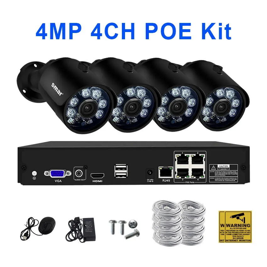 Smsuper HD 8CH 4MP POE NVR комплекты H.265 4MP POE ip-камера наружная Водонепроницаемая металлическая Экономная 40% место на жестком диске электронная почта сигнализация XMEYE - Цвет: 4MP 4CH POE KIT