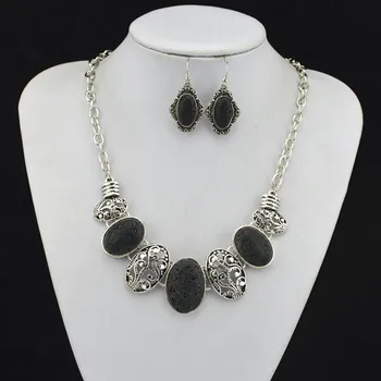 

XL76 --- Oval Black Lava Rock Volcano Stone Necklace Pendant Jewlery Women,Vintage,Antique Silver ,Tibet Alloy, wholesaler