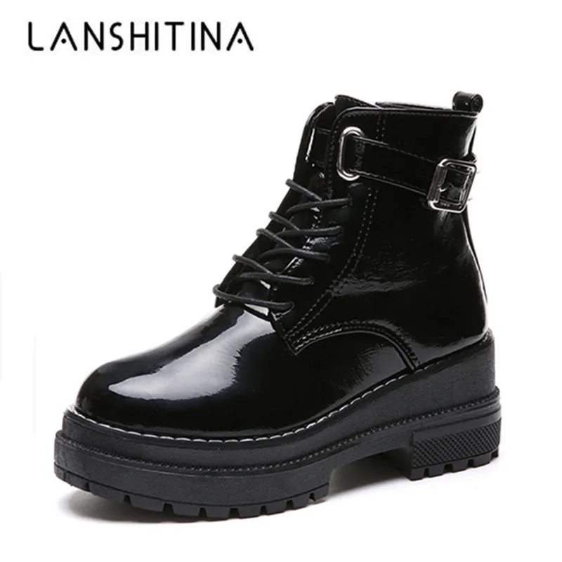 

Fashion Autumn Women Ankle Boots High Top Woman Sneakers Patent PU Leather Female Motorcycle Boots British Style Platform Shoes