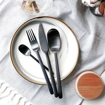 

4pcs Rose Gold Cutlery Set Black Dinnerware Forks Knives Scoops Set 18/10 Stainless Steel Silverware Set Ella