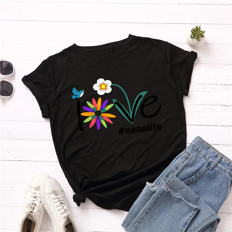 Плюс размер S-5XL новая футболка с цветочным принтом женская хлопок с круглым вырезом короткий рукав Летняя футболка Топы футболки Забавные футболки