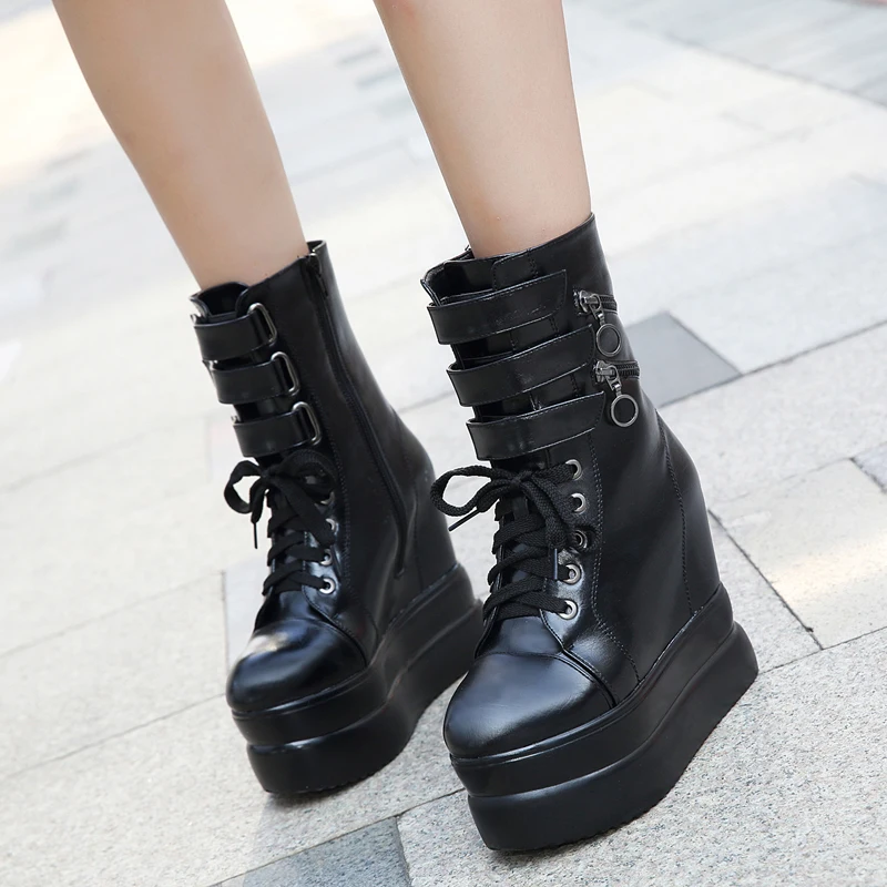 Женские ботинки на высоком каблуке; мотоциклетные ботинки в стиле панк; женская черная обувь на платформе и танкетке; женские высокие ботинки; зимняя обувь для женщин