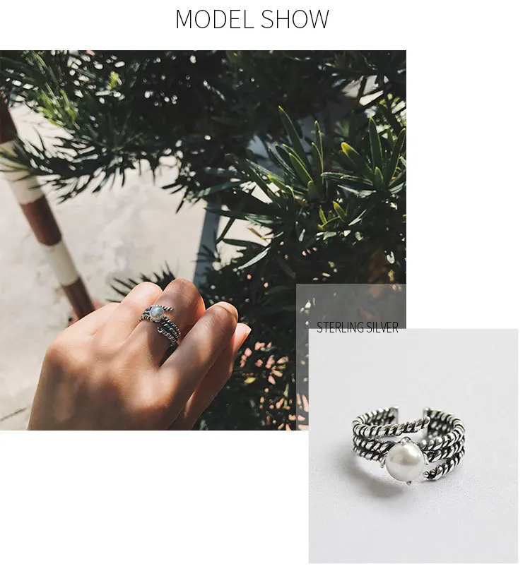 925 пробы серебра открытым кольцо для Для женщин пеньковая веревка с жемчугом Ретро Леди Кольца Bijoux Femm