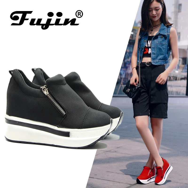 Женские кроссовки на платформе Fujin черные и красные толстой подошве скрытом