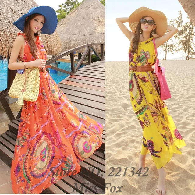 India Style Peacock 2013 Women Summer Printed Chiffon Beach Dress Bohemian Maxi Long Off the