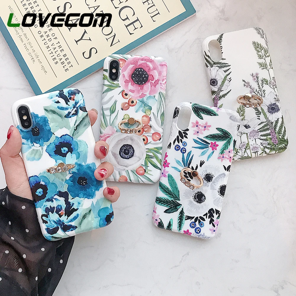 

LOVECOM Retro Flower Finger Ring Phone Case For iPhone XR X XS XS Max For iPhone 7 8 6 Plus Phone Holder Soft Full Body Cover