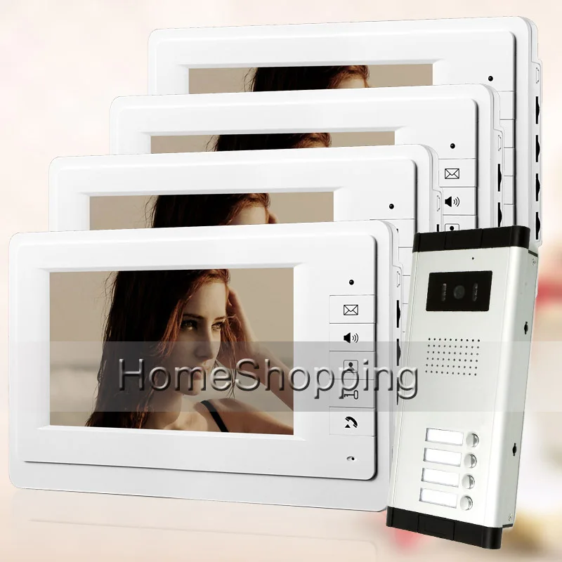 

FREE SHIPPING New 7" Video Intercom Door Phone System 4 White Monitors + 1 Doorbell Camera for 4 Household Apartment Wholesale