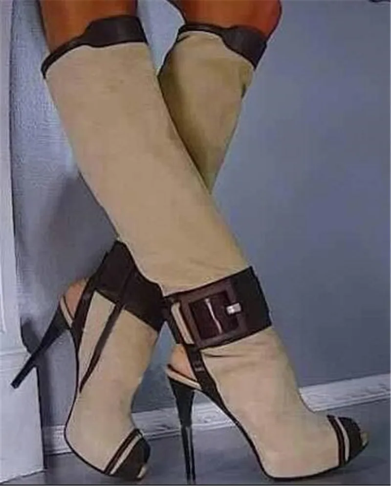 Новые модные женские замшевые сапоги-гладиаторы до колена с открытым носком на тонком каблуке сапоги с вырезами на высоком каблуке модельные туфли