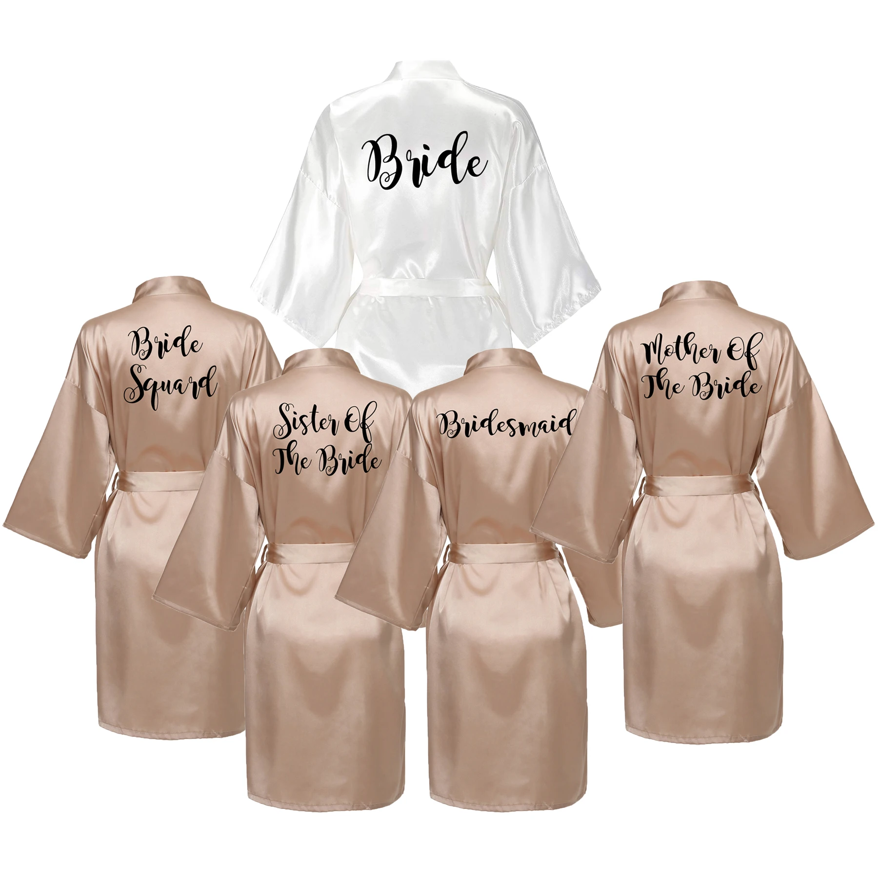 

YUXINBRIDAL Bride Bridesmaid Robe with White Black Letters Mother Sister of The Bride Wedding Gift Bathrobe Kimono Satin Robes
